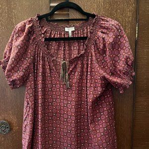 Joie Silk Masha Puff Short Sleeve Tassel Red Boho Print Peasant Blouse